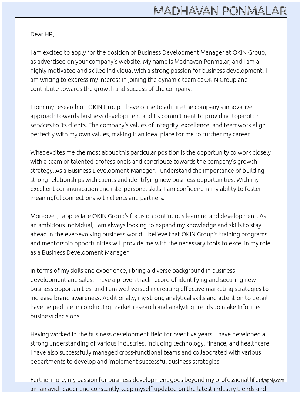 BUSINESS DEVELOPMENT MANAGER At OKIN Group Cover Letter
