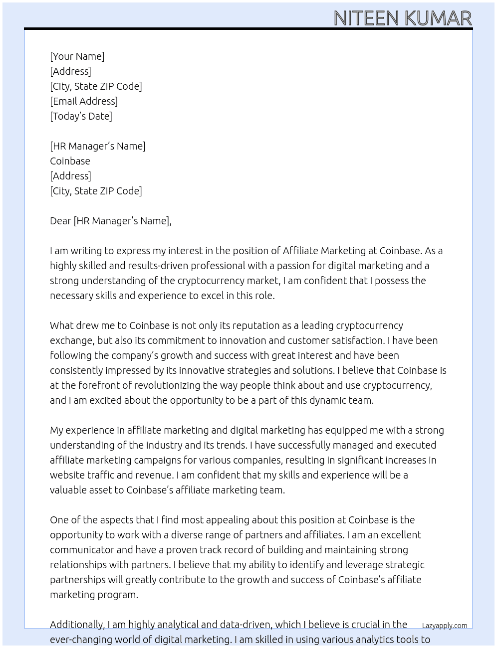 affiliate marketing At coinbase Cover Letter