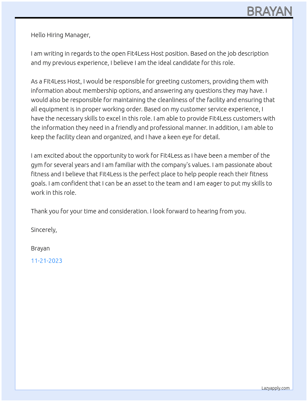 Fit4Less Host At Fit4Less Cover Letter