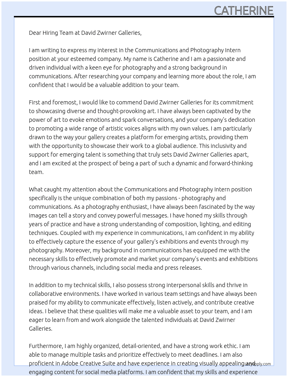 Communications and Photography Intern At David Zwirner Galleries Cover Letter