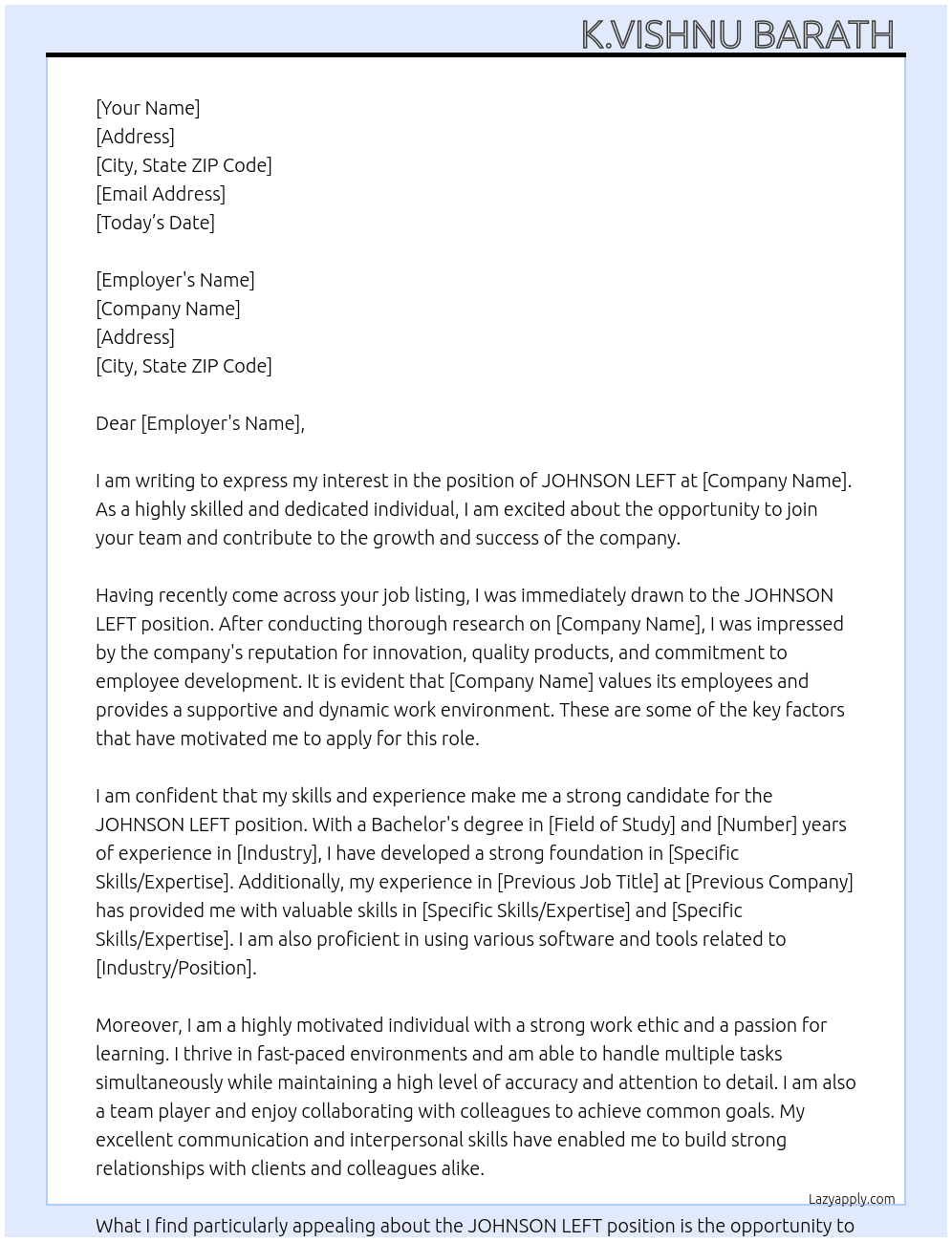 JOHNSON LEFT  At JOHNSON LEFT Cover Letter