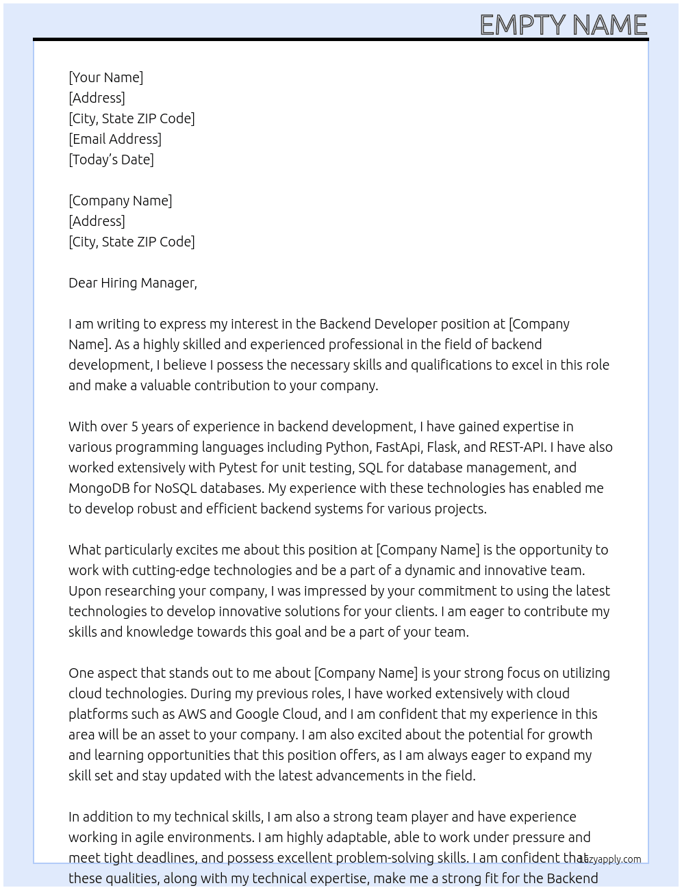 Backend developer At Companyname Cover Letter