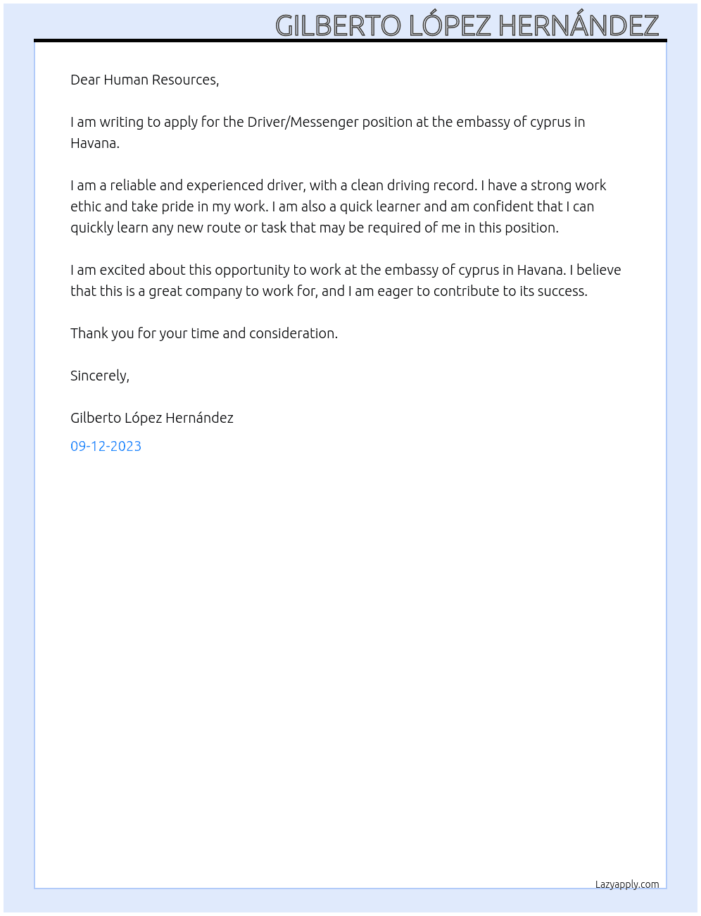 Driver/Messenger  At embassy of cyprus in Havana Cover Letter