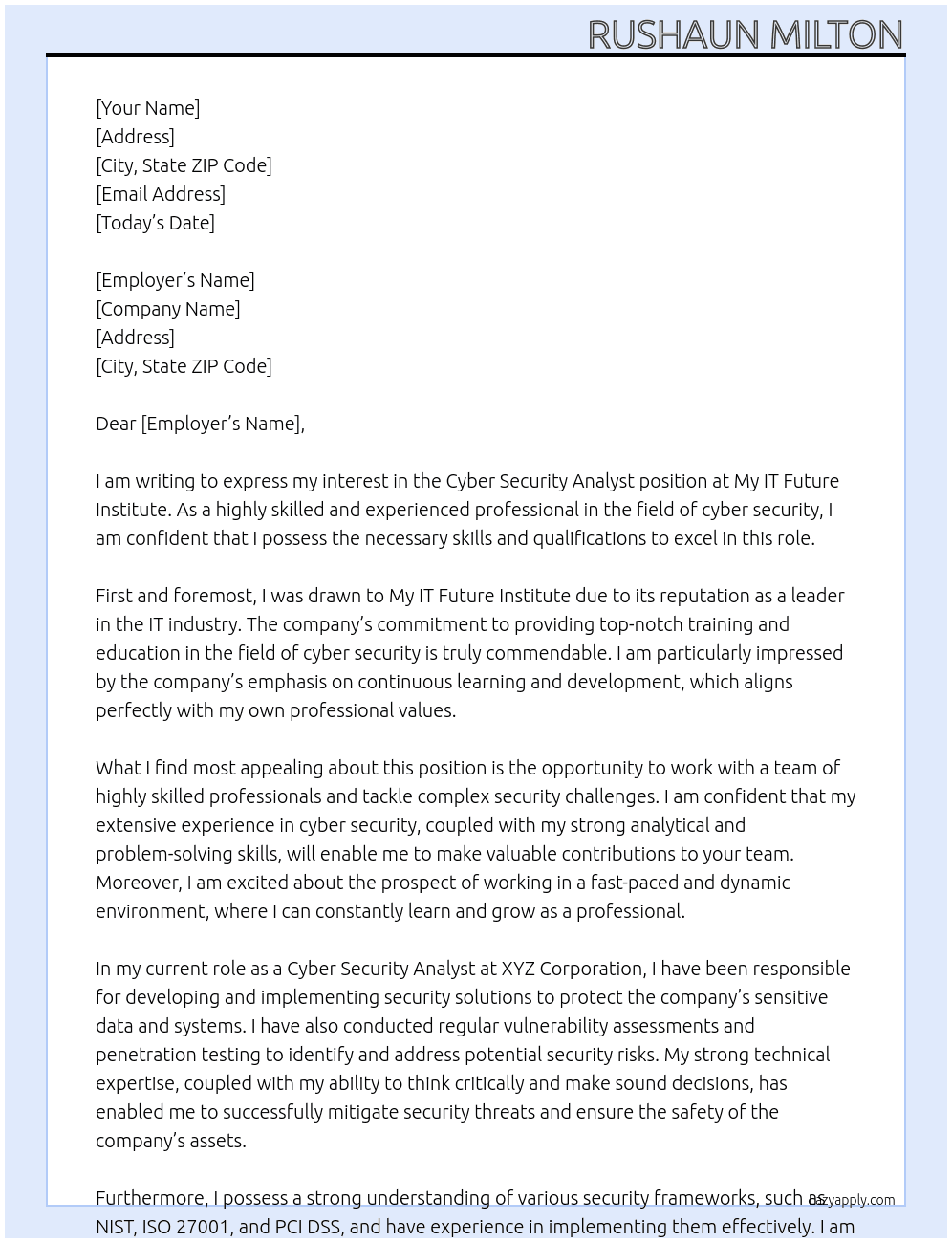 Cyber Security Analyst At My IT Future Institute Cover Letter