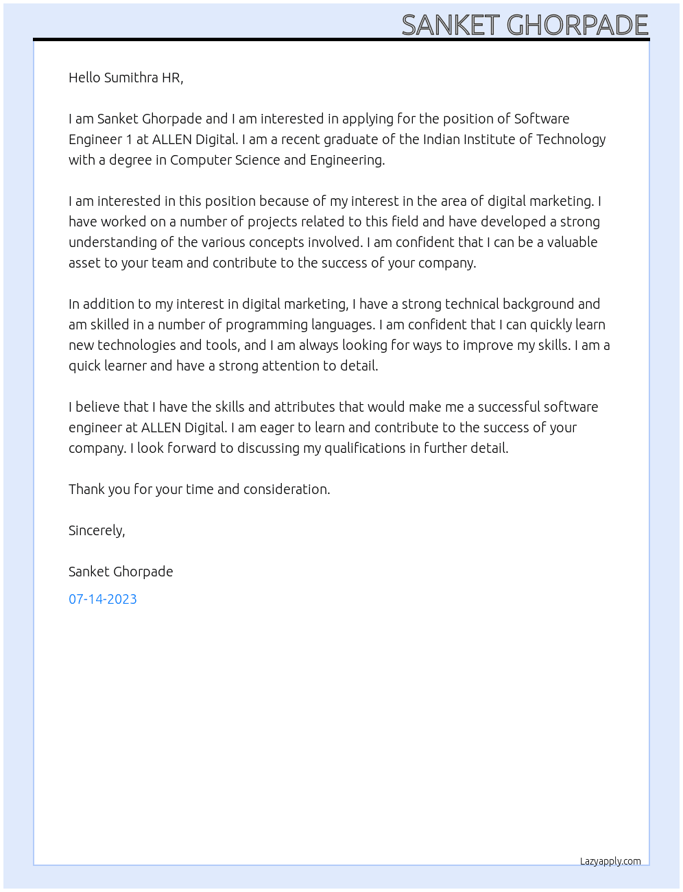 Software Engineer 1 At ALLEN Digital Cover Letter