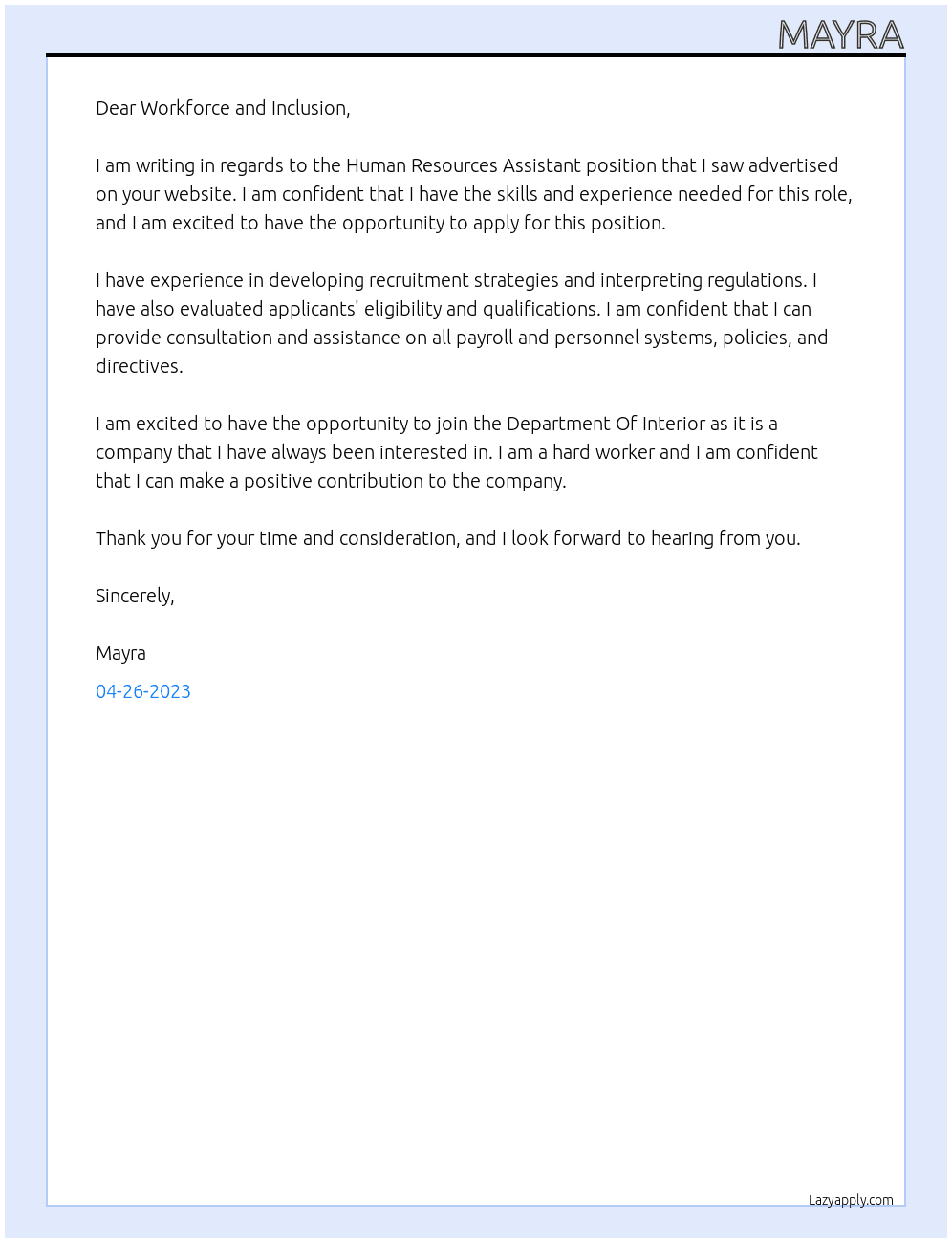 Human Resources Assistant At Department Of Interior  Cover Letter
