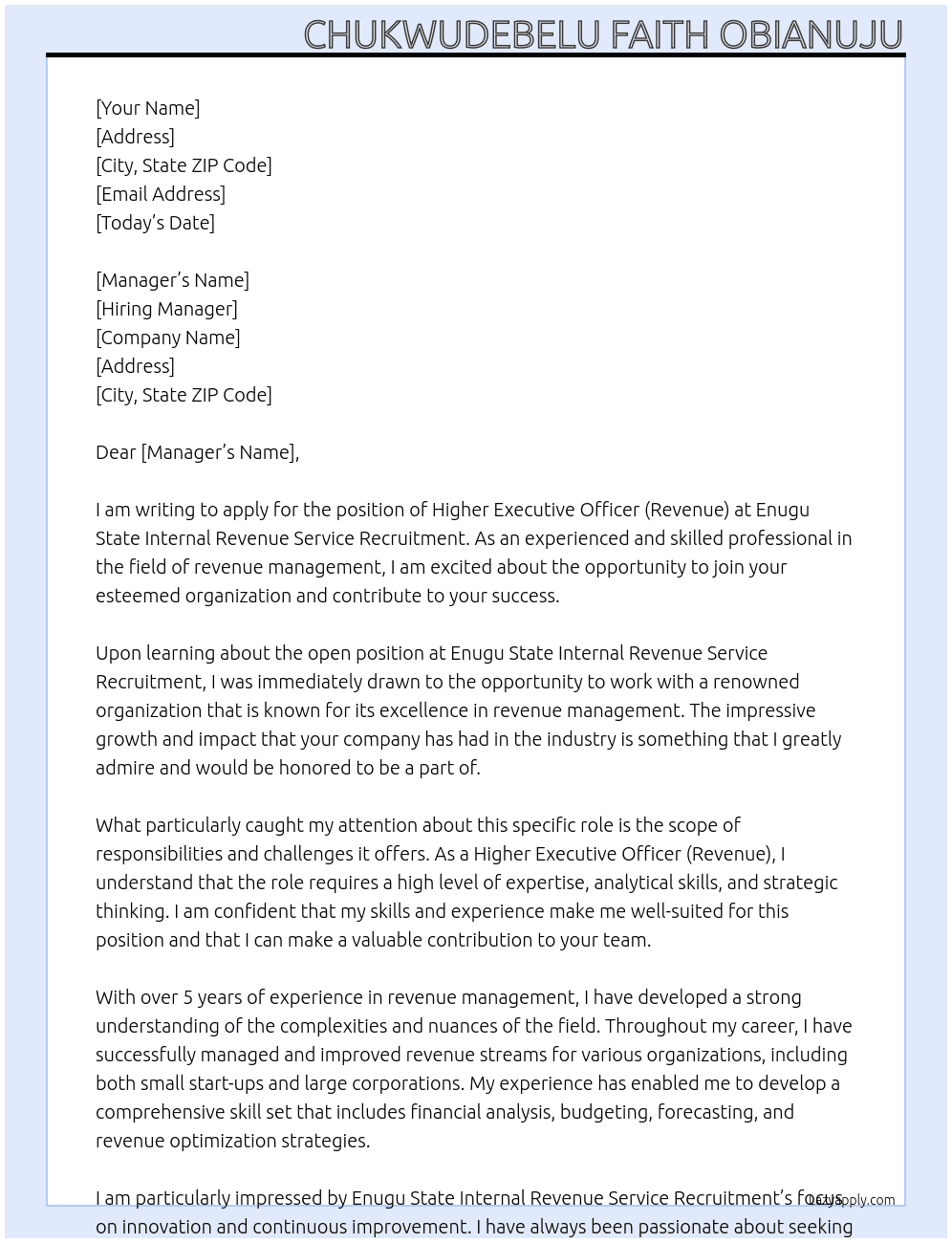 Higher Executive Officer (Revenue) At Enugu State Internal Revenue Service Recruitment Cover Letter