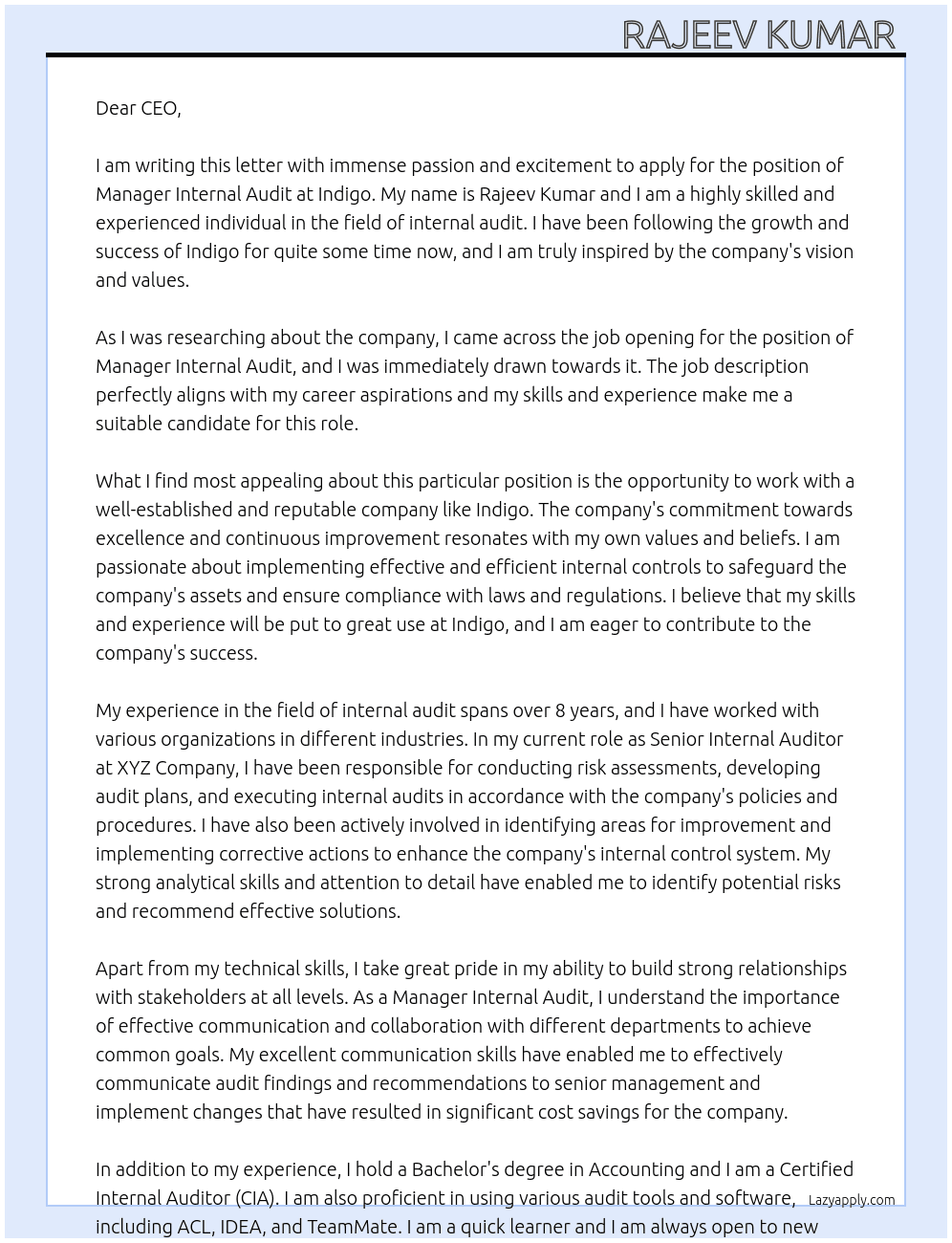 Manager internal audit  At Indigo Cover Letter