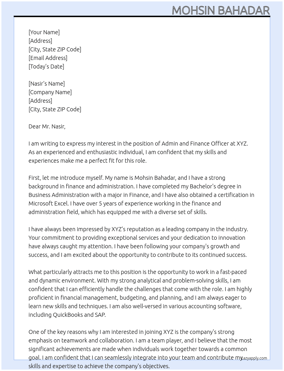 admin and Finance Officer  At XYZ Cover Letter