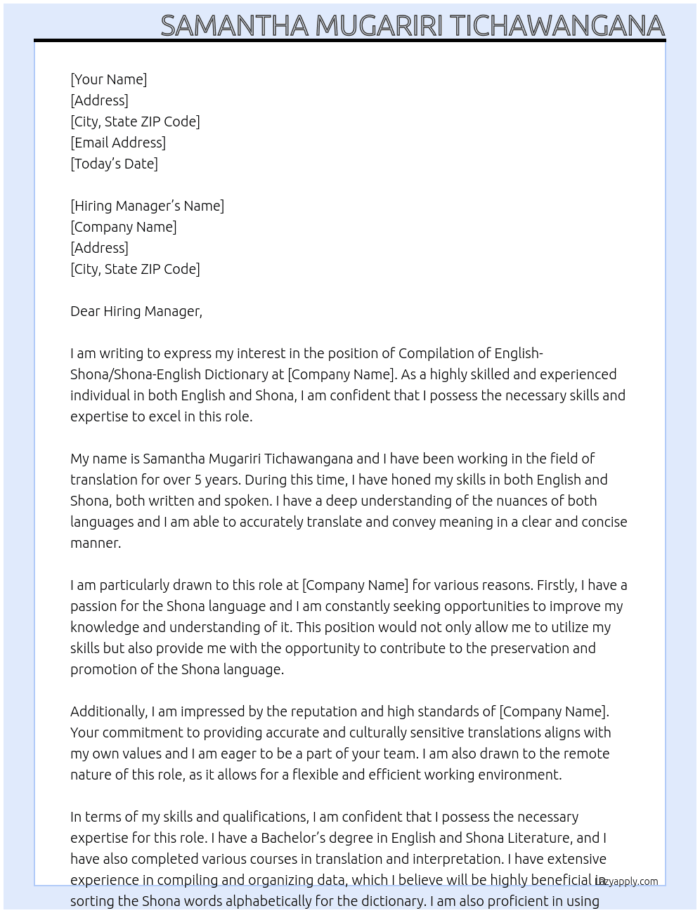Compilation of English- Shona/Shona-English Dictionary At Translation company Cover Letter