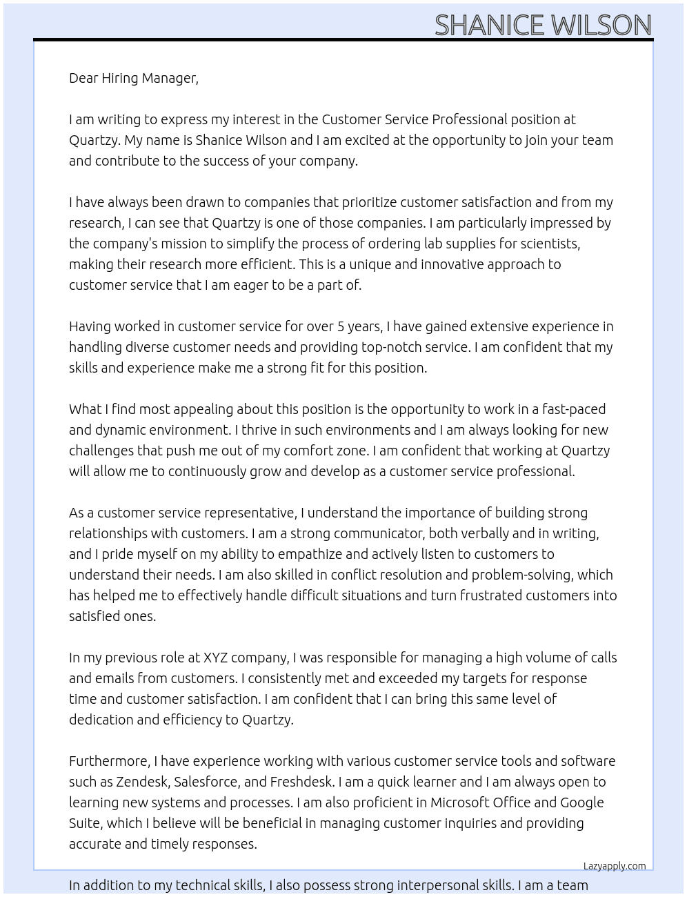 Customer Service Professional At Quartzy  Cover Letter