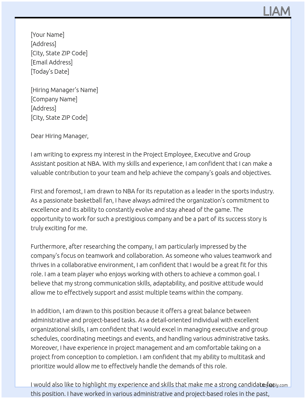 Project Employee, Executive and Group Assistant At NBA Cover Letter