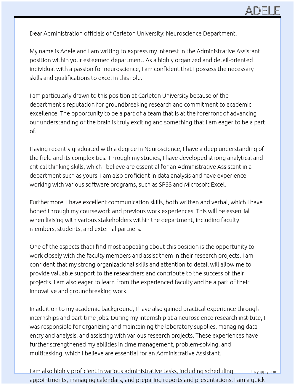 Administrative Assistant  At Carleton University: neuroscience department  Cover Letter