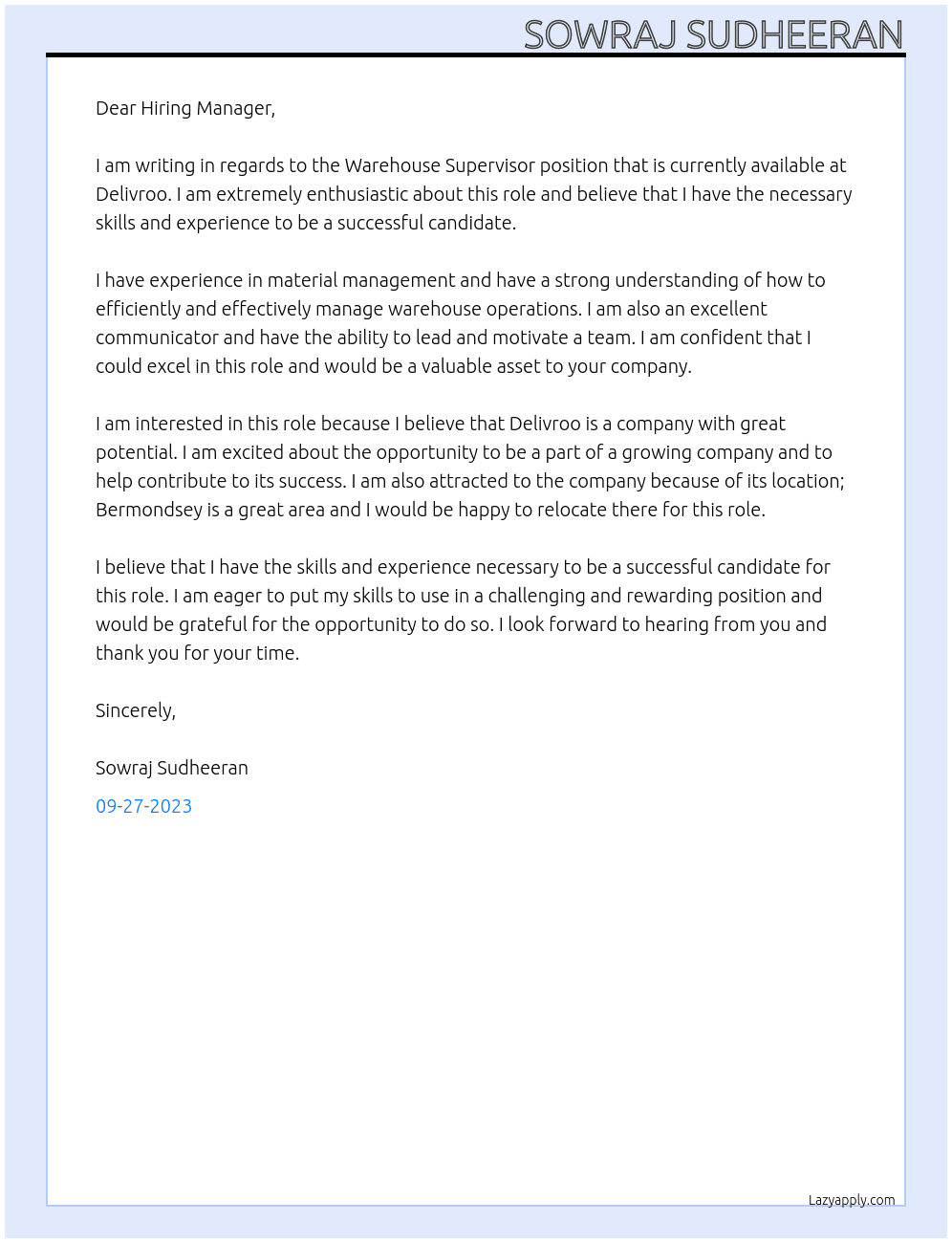 Warehouse Supervisor At Delivroo Cover Letter