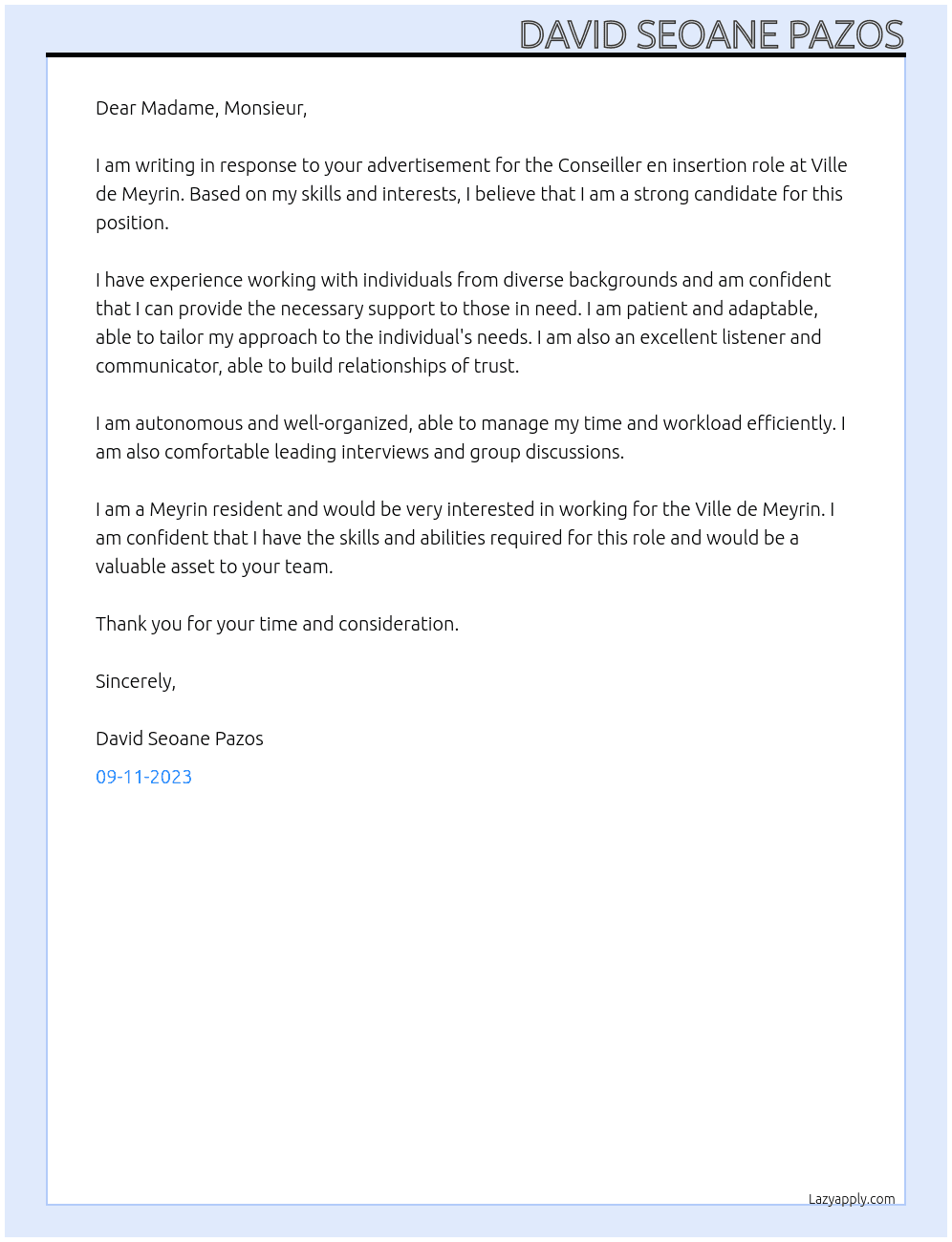 Conseiller en insertion At Ville de Meyrin Cover Letter