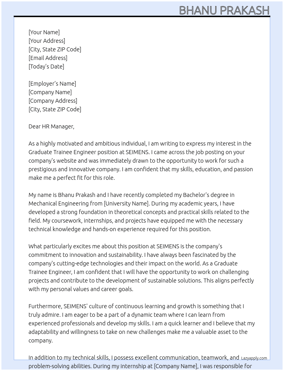 Graduate Trainee Engineer At SEIMENS Cover Letter