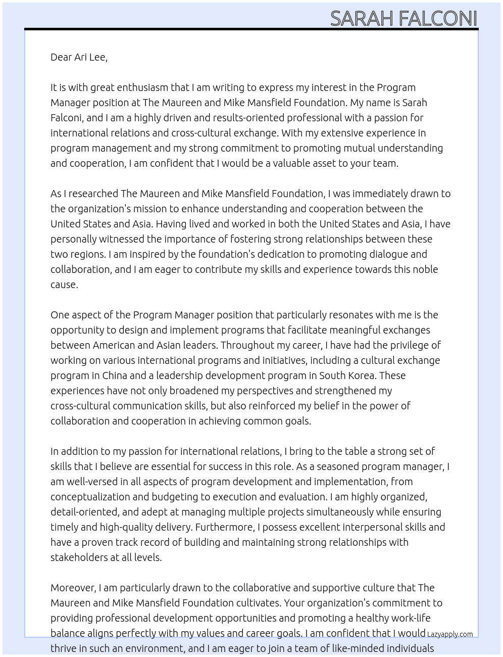 Program Manager At The Maureen and Mike Mansfield Foundation Cover Letter