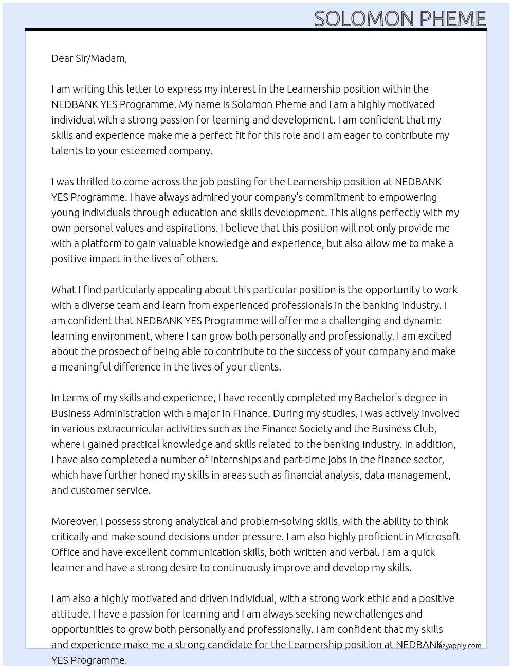 Learnership  At NEDBANK YES Programme Cover Letter