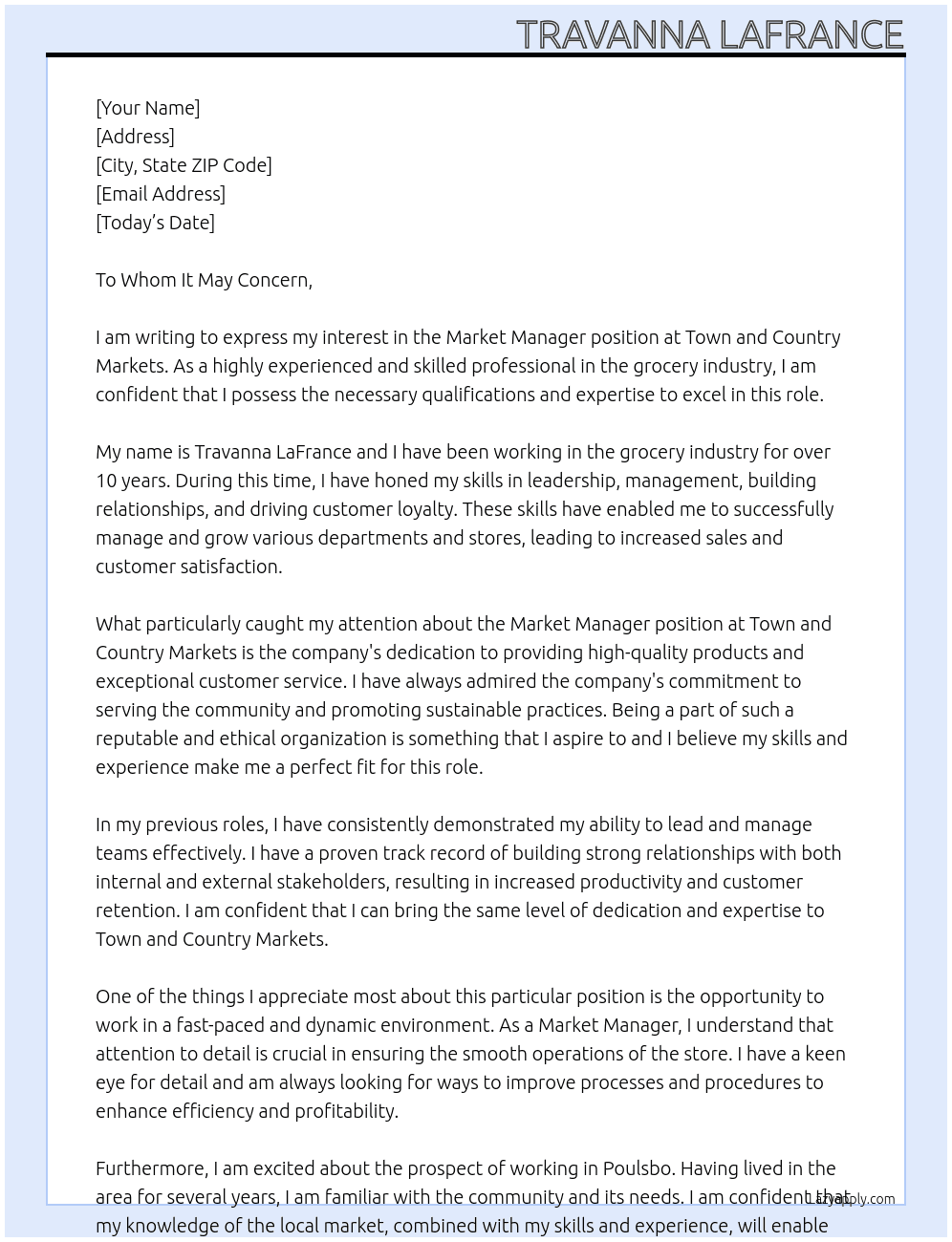 Market Manager - Grocery Store At Town and Country Markets Cover Letter