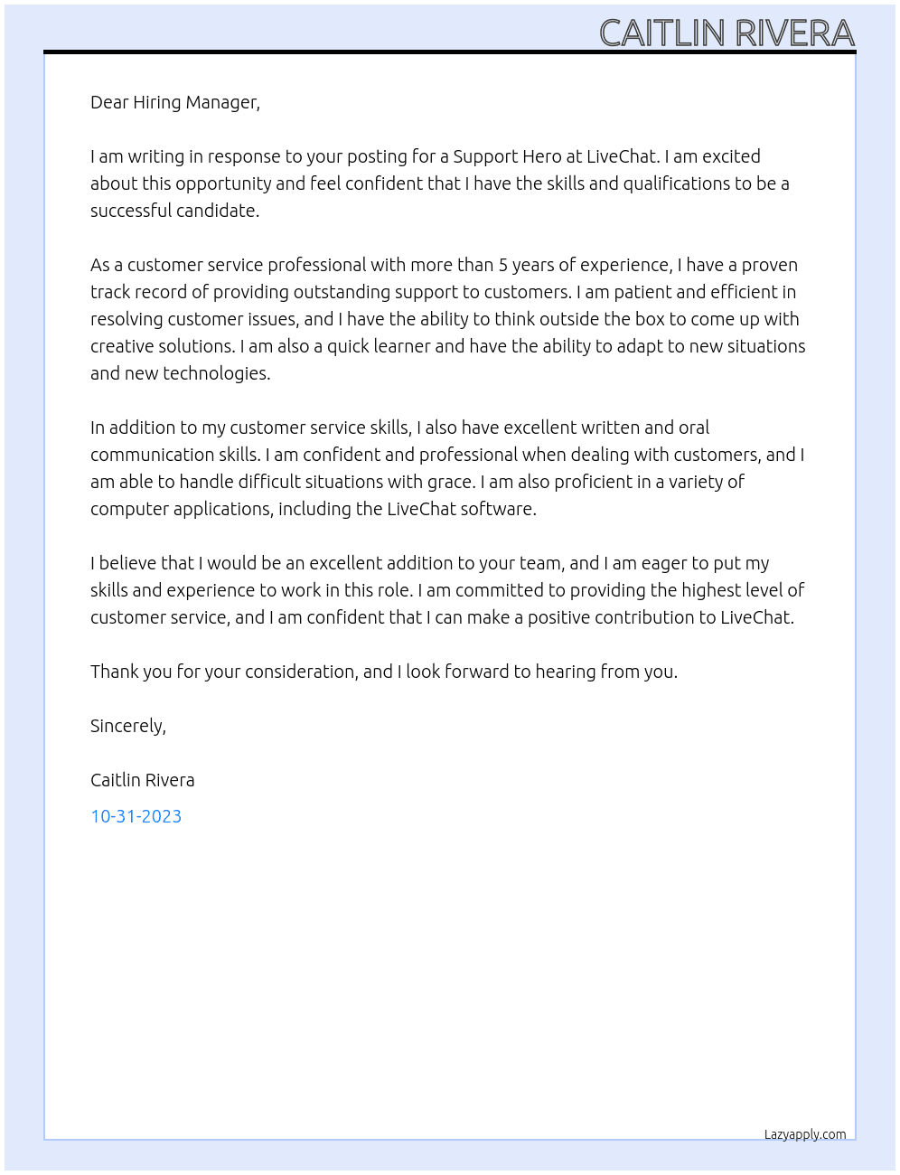 Support Hero At LiveChat Cover Letter