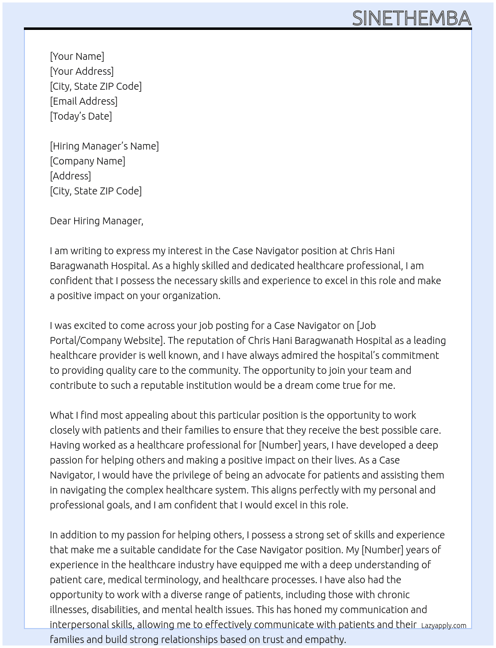Case Navigator  At Chris hani Baragwanath Hospital  Cover Letter