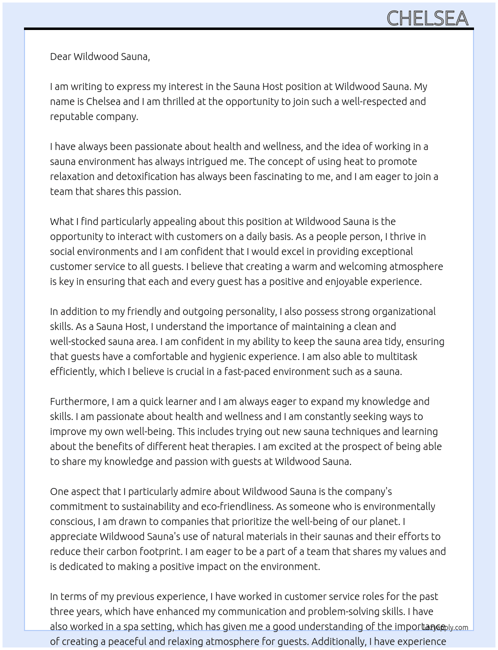 Sauna host  At Wild wood sauna  Cover Letter