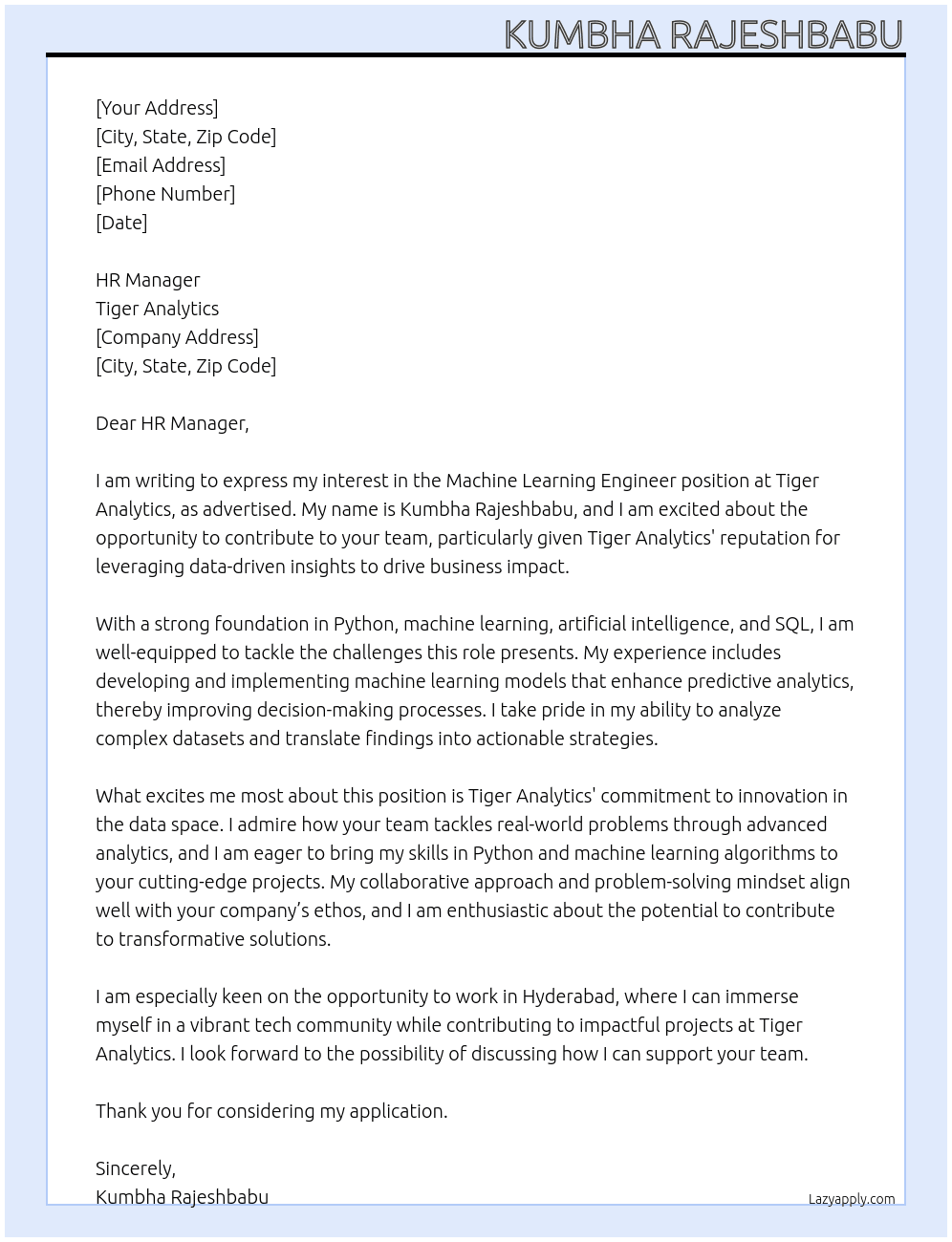 Machine Learn Engineer At Tiger Anaytics Cover Letter