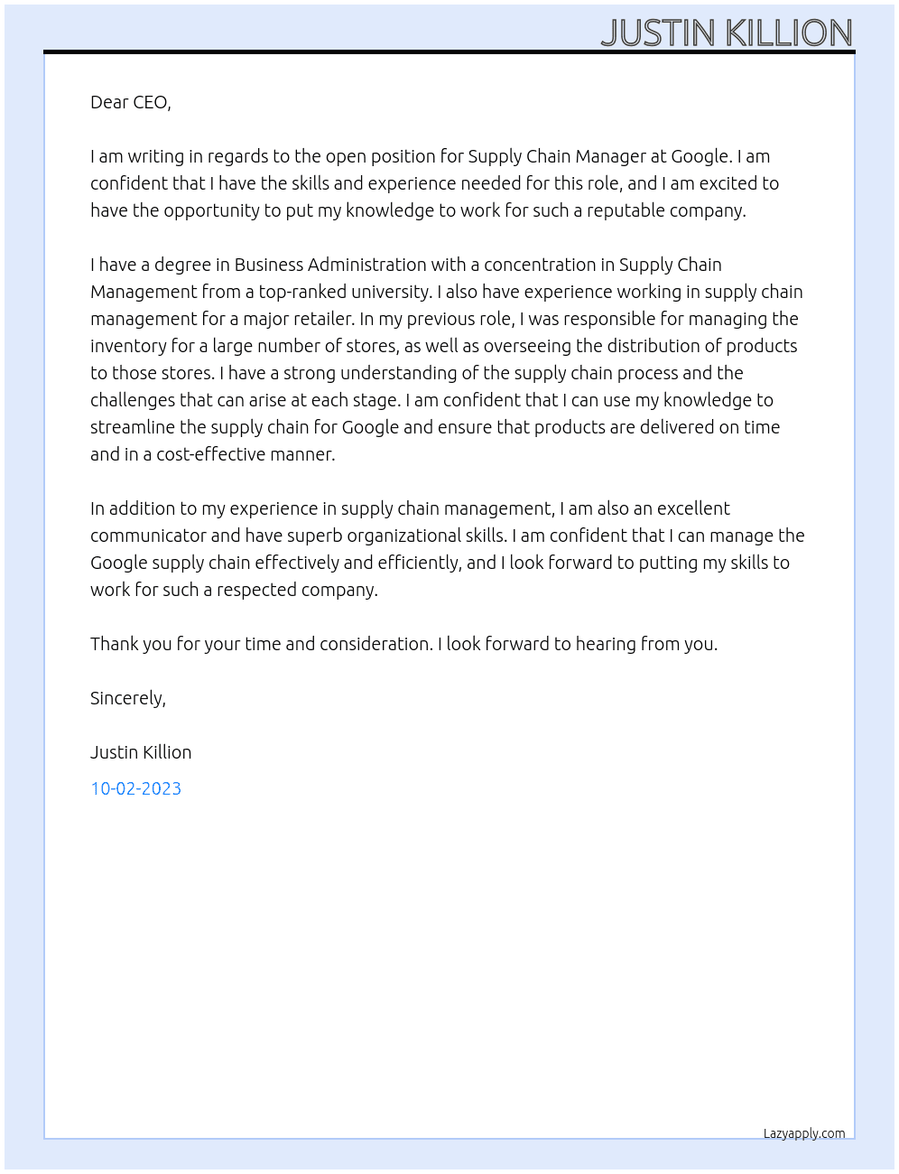 Supply Chain Manager At Google Cover Letter