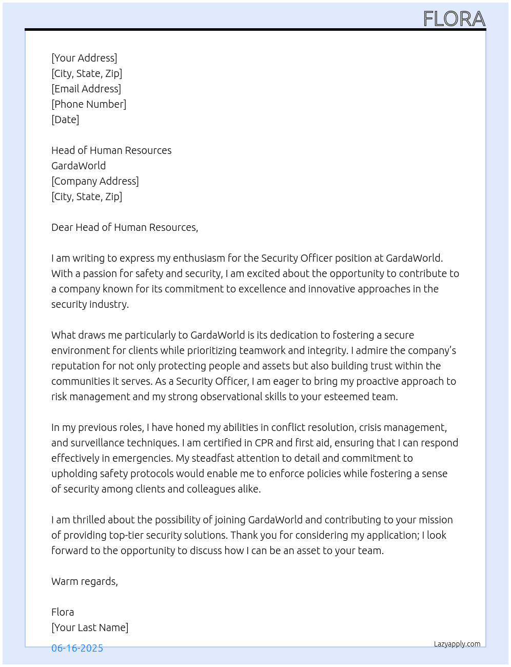 security officer At GardaWorld Cover Letter