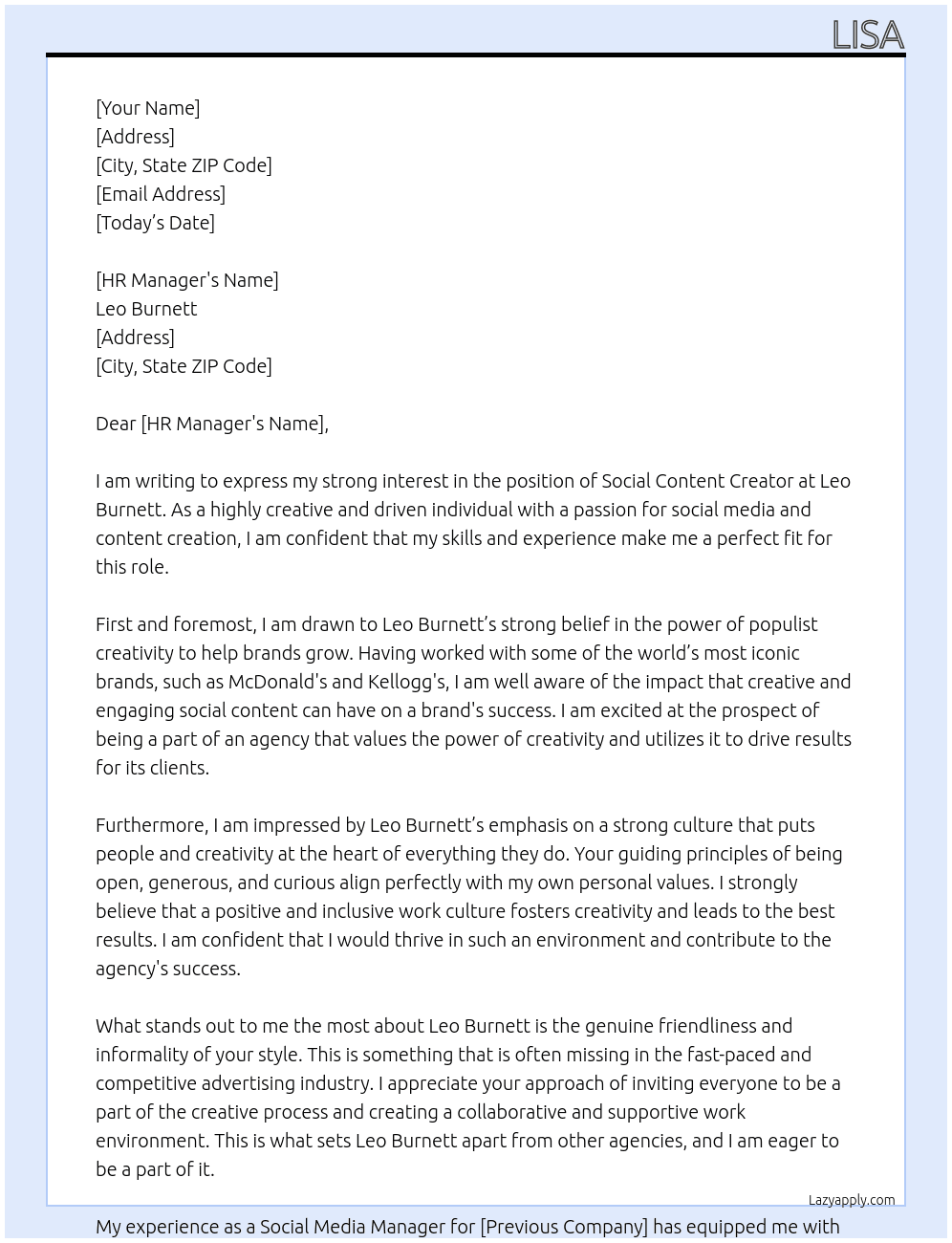 Social Content Creator At Leo Burnett Cover Letter
