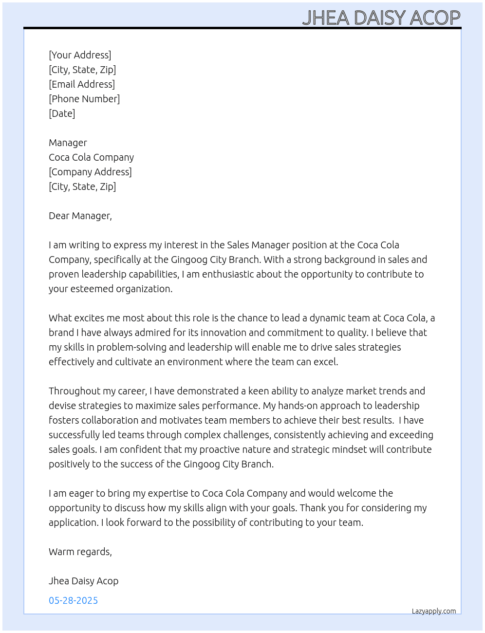 Sales Manager At Coca Cola Company  Cover Letter