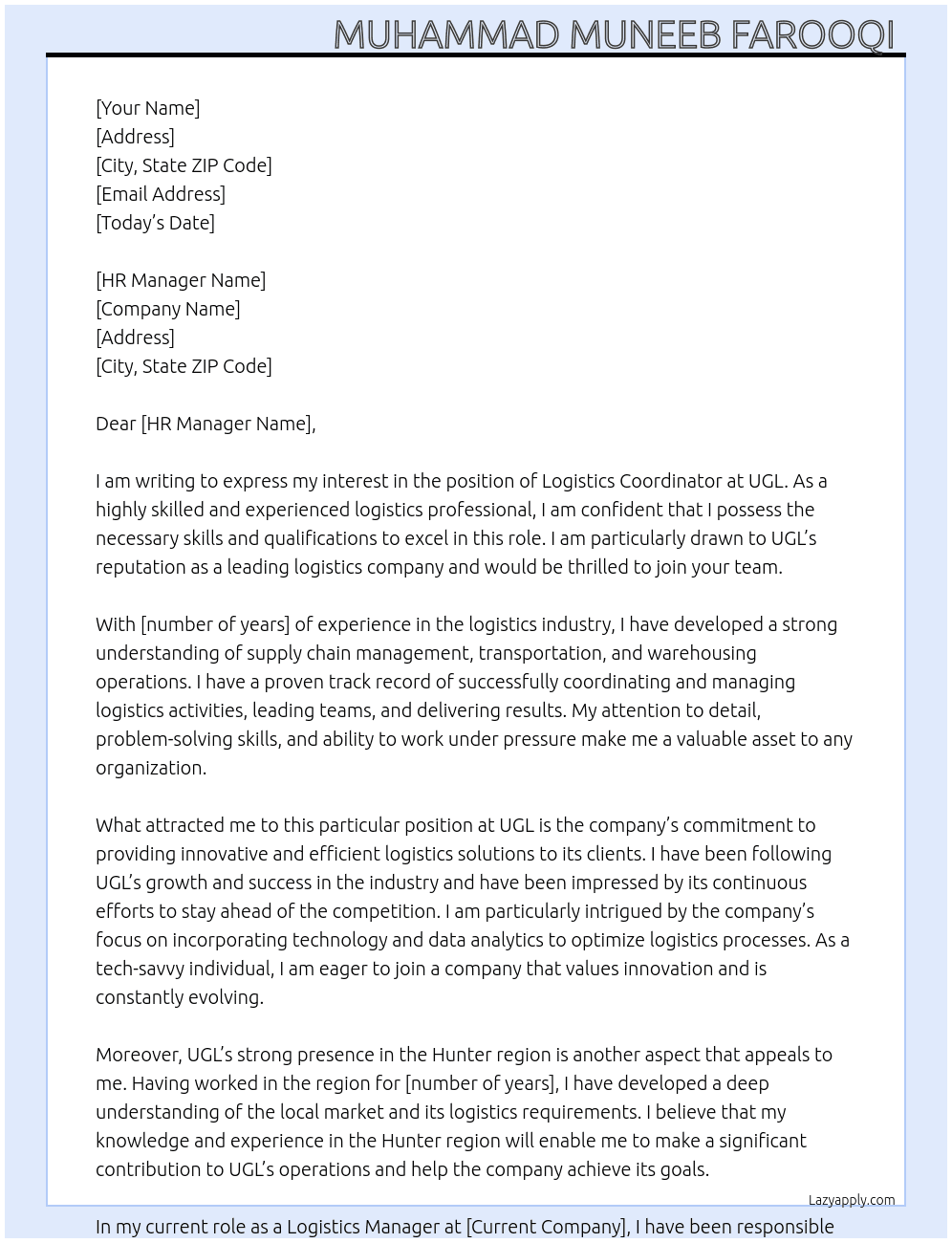 Logistics coordinator  At UGL Cover Letter