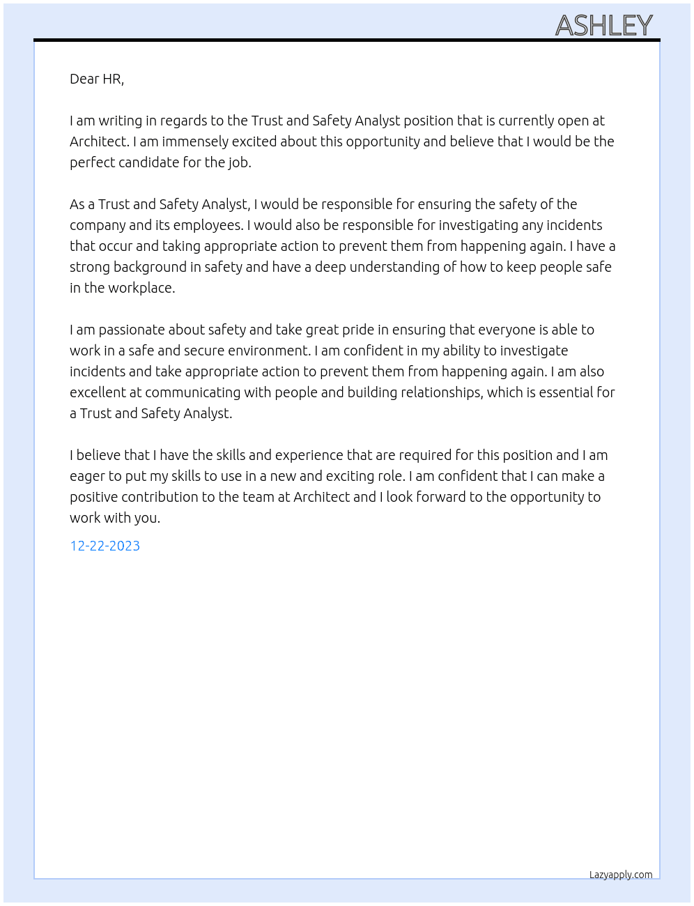 Trust and safety analyst  At Architect Cover Letter
