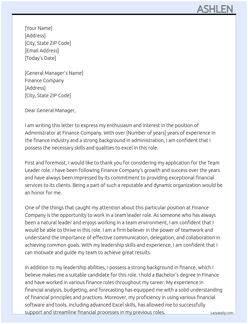 Administor At Finanace Cover Letter