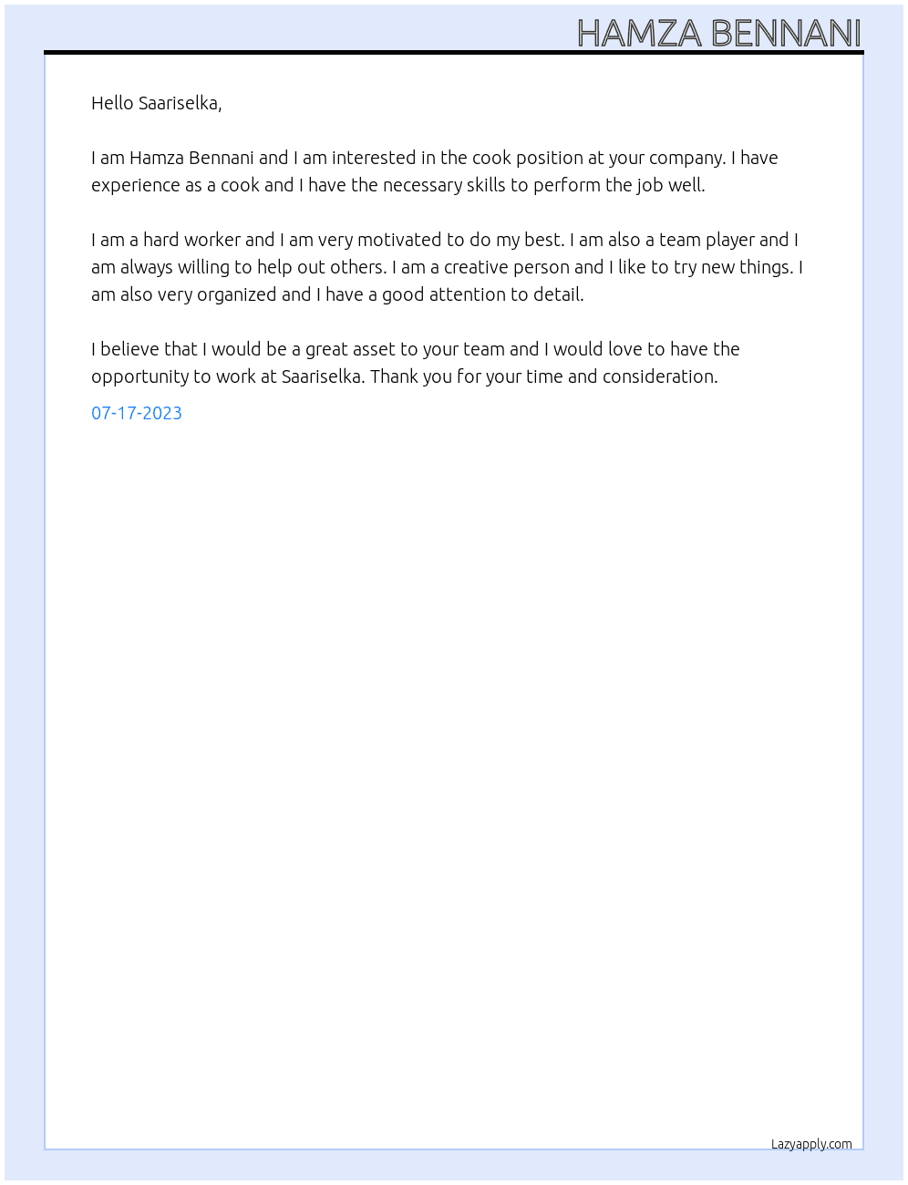cook At Saariselka Cover Letter