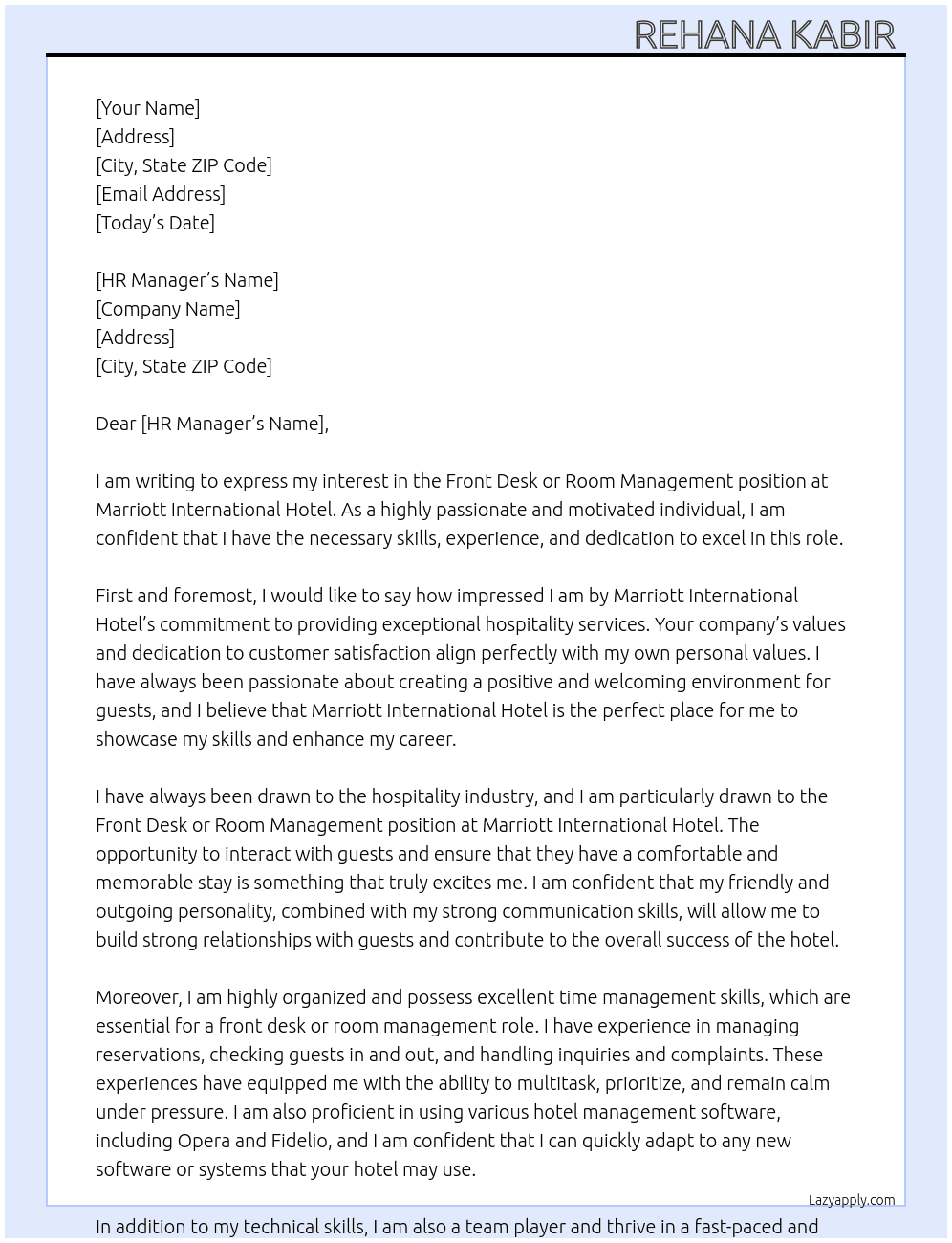 Front desk or Room management  At Marriott international  hotel Cover Letter