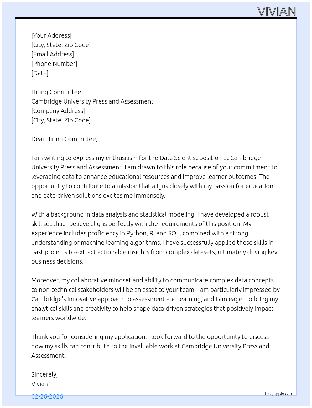 Data Scientist At Cambridge University Press and Assessment Cover Letter