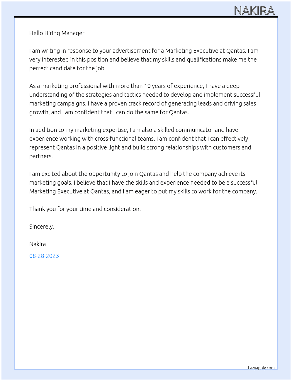 Marketing Executive At Qantas Cover Letter