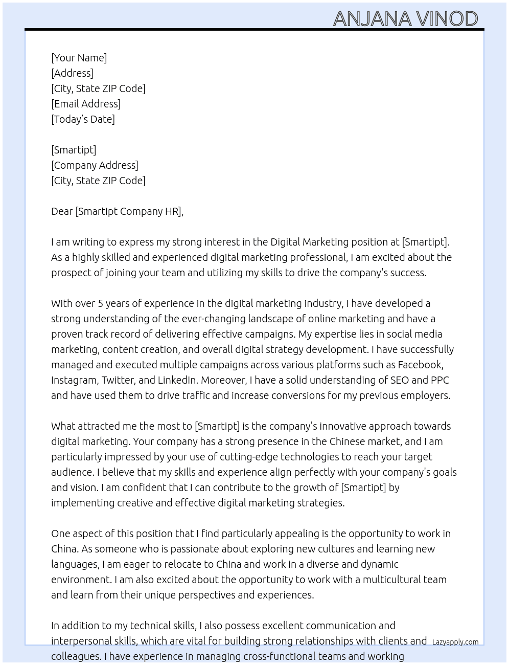 Digital marketing  At Smartipt Cover Letter