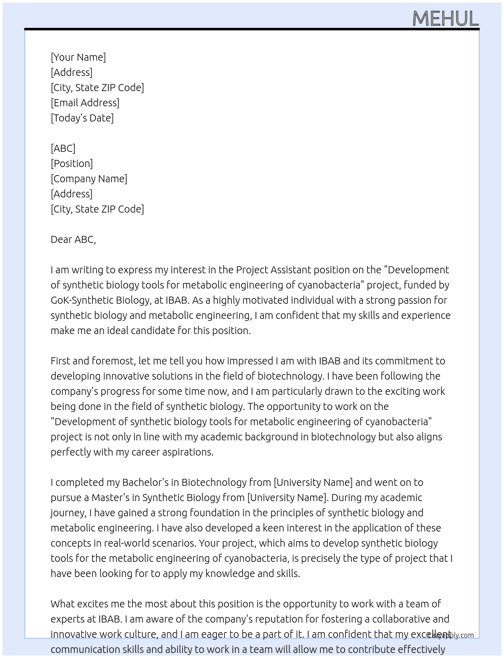Project Assistant position on the "Development of synthetic biology tools for metabolic engineering of cyanobacteria" project, funded by GoK-Synthetic Biology, at IBAB At IBAB Cover Letter