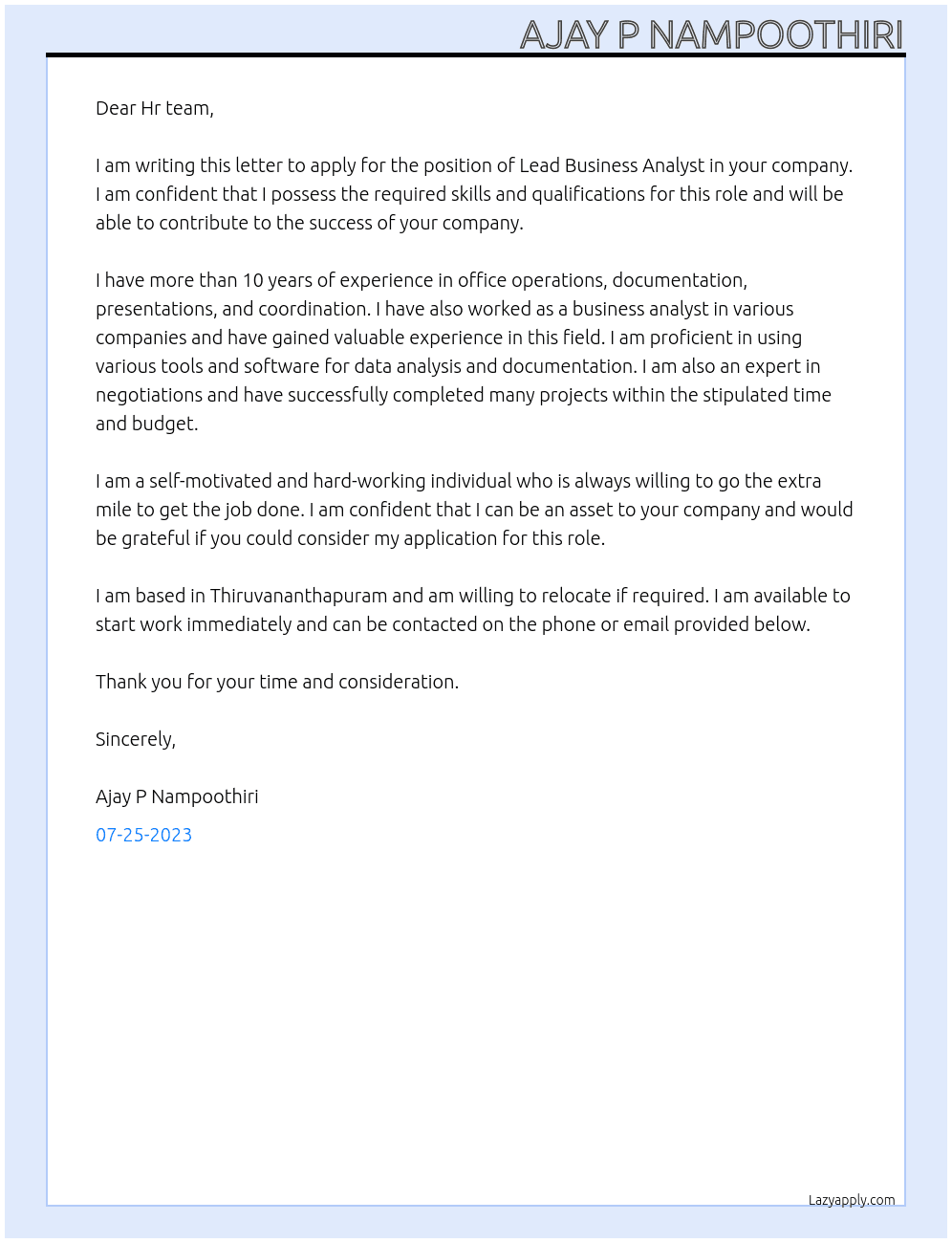 Lead Business Analyst At Experion Technologies Cover Letter