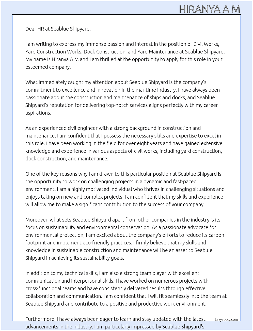 civil works,yard construction works,dock construction,yard maintenance At Seablue shipyard Cover Letter