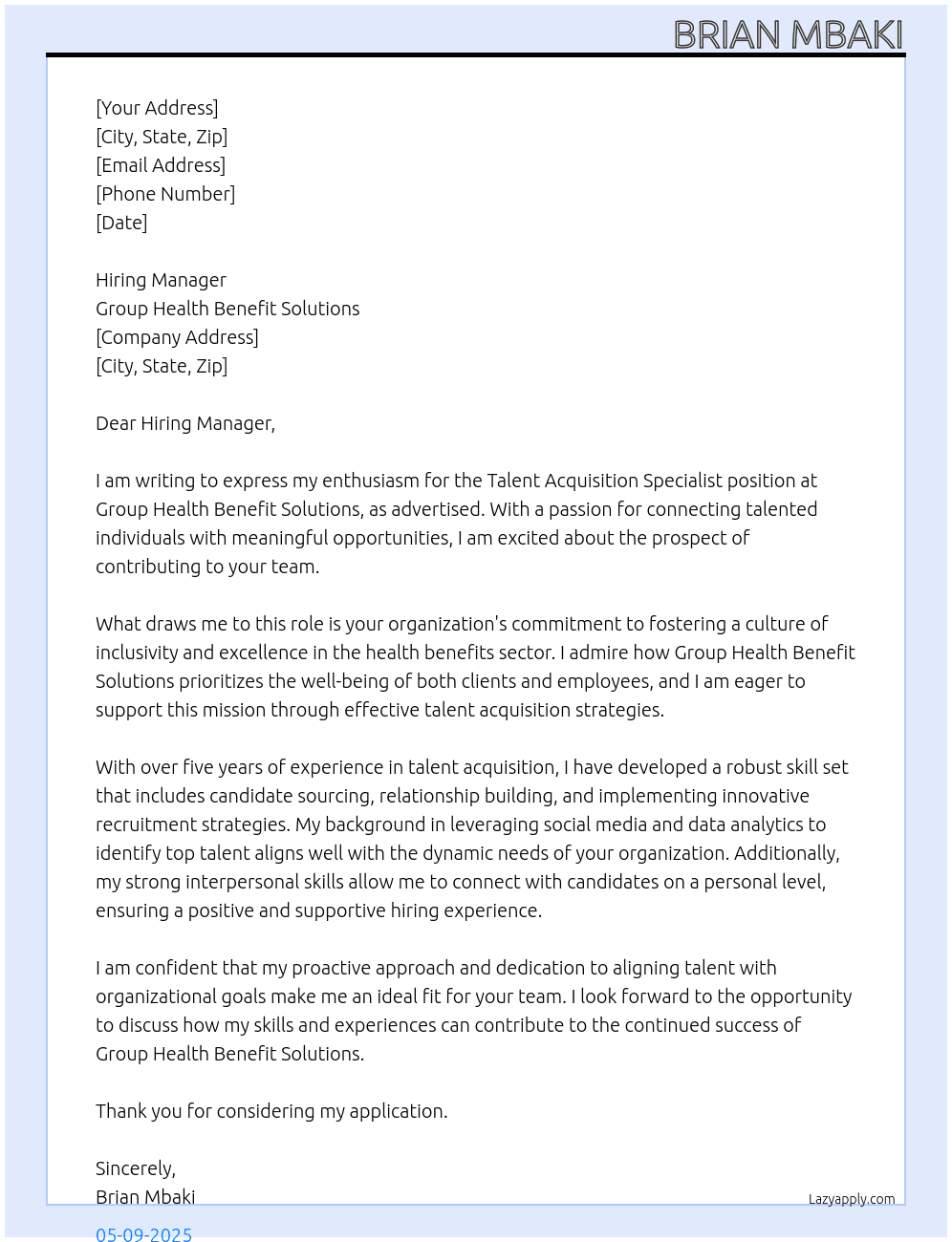 Talent Acquisition Specialist  At Group Health Benefit Solutions  Cover Letter
