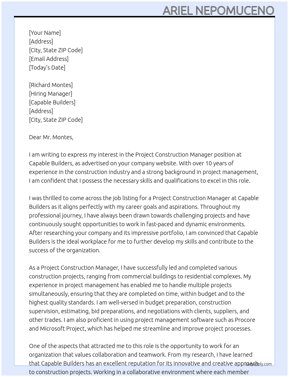 Project Construction Manager At Capable Builders Cover Letter