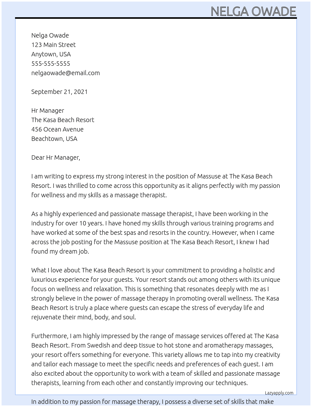 Massuse At The Kasa Beach Resort Cover Letter