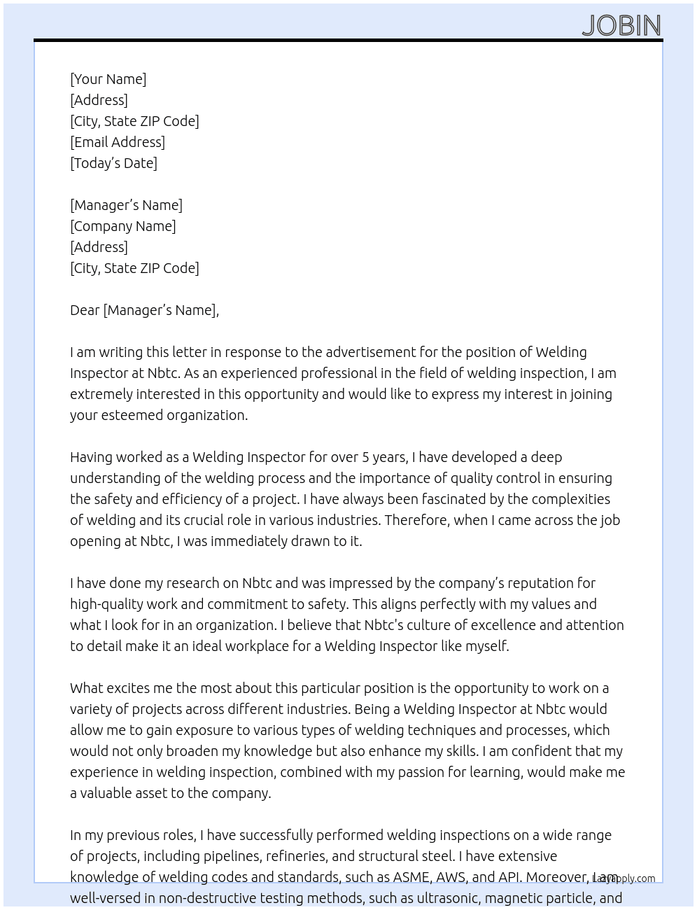 Welding inspector  At Nbtc Cover Letter