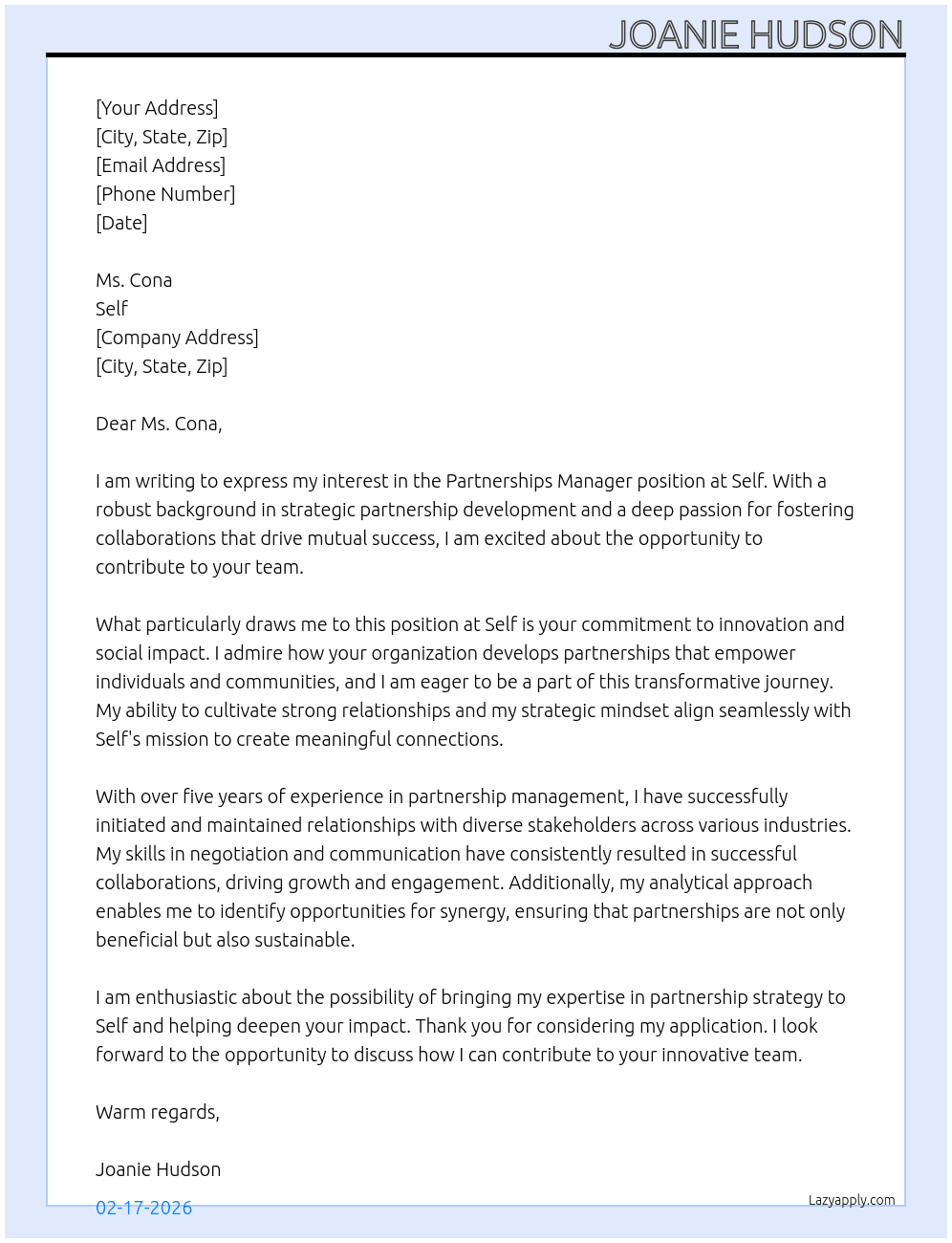 Cover letter for partnerships manager - LazyApply