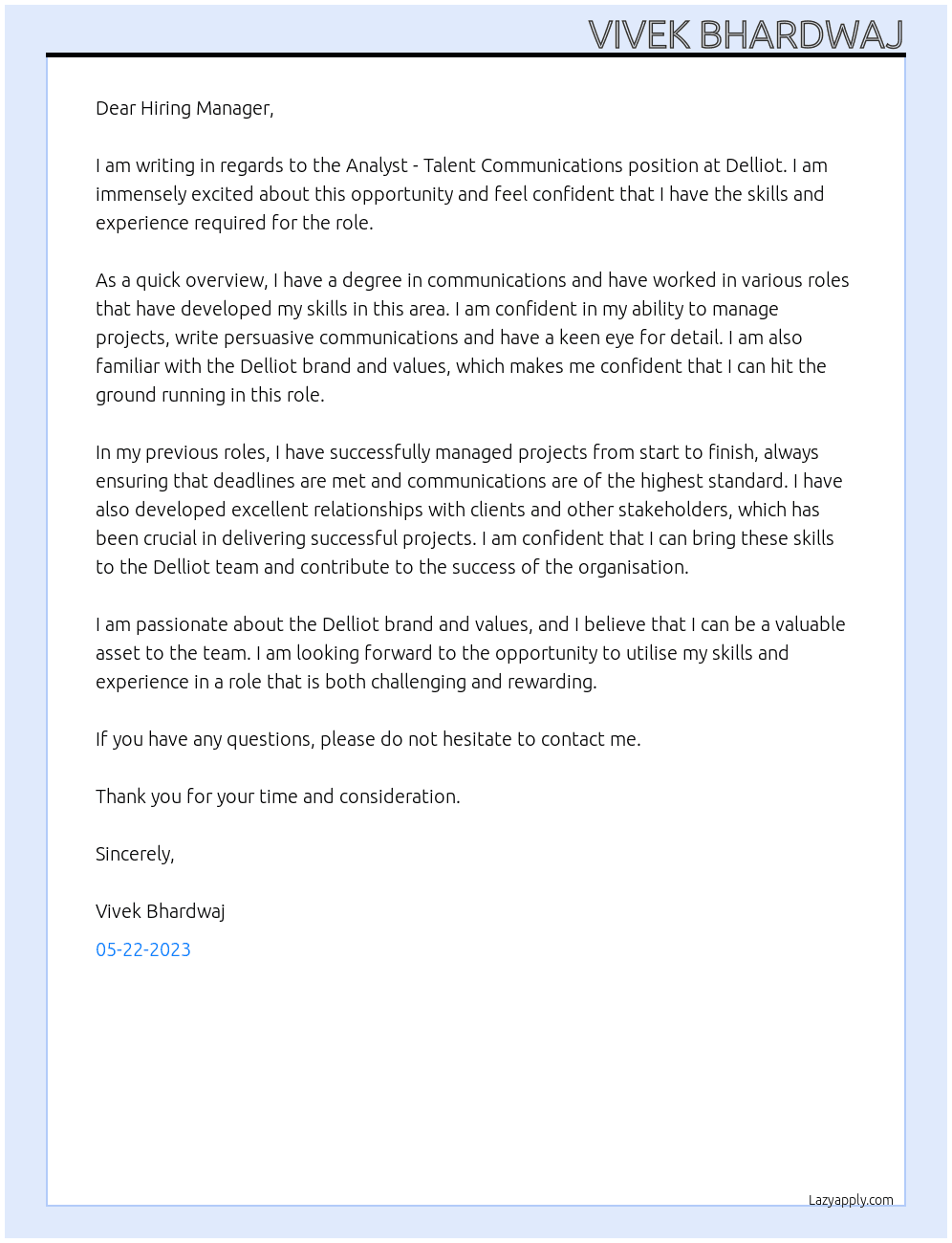 Analyst - Talent Communications At Delliot Cover Letter