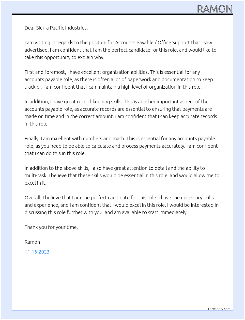 Accounts Payable / Office Support At Sierra Pacific Industries Cover Letter