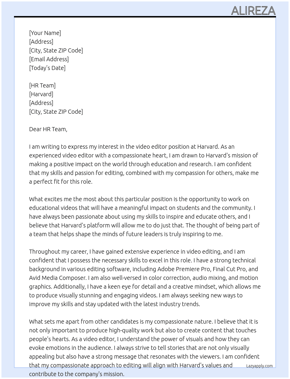 video editor At Harvard Cover Letter